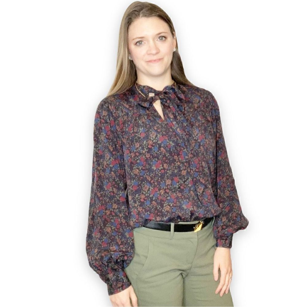 Polo Ralph Lauren Multicolor Fall Floral Print Tie Neck Shirt Blouse Size Small